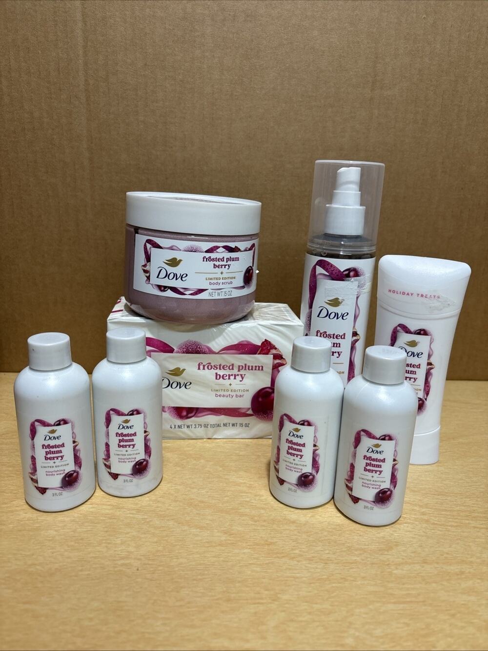 Dove Frosted Plum Berry Limited Edition 8 Piece Bundle Wash Scrub Bars Deo Mist
